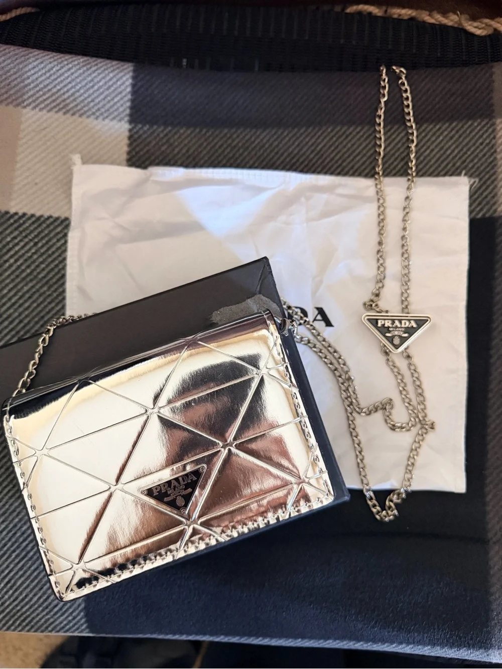 Metallic Silver Quilted Card Holder with Chain Strap
